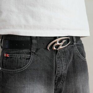 y2k chrome flame buckle black belt — 2000s grunge streetwear style